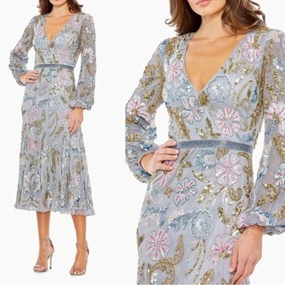 Mac Duggal 5423 Size 16 Silver Gray Gold Long Sleeve Floral Beaded Midi Dress - Picture 1 of 4